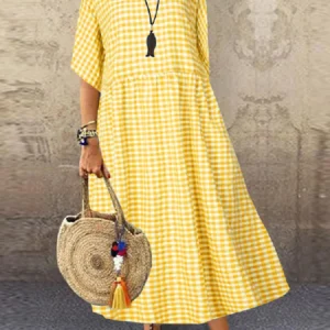ZANZEA femmes 2024 été bohème Robe Maxi élégant Plaid vérifier imprimé Robe mode décontracté vacances une ligne longue Robe surdimensionné